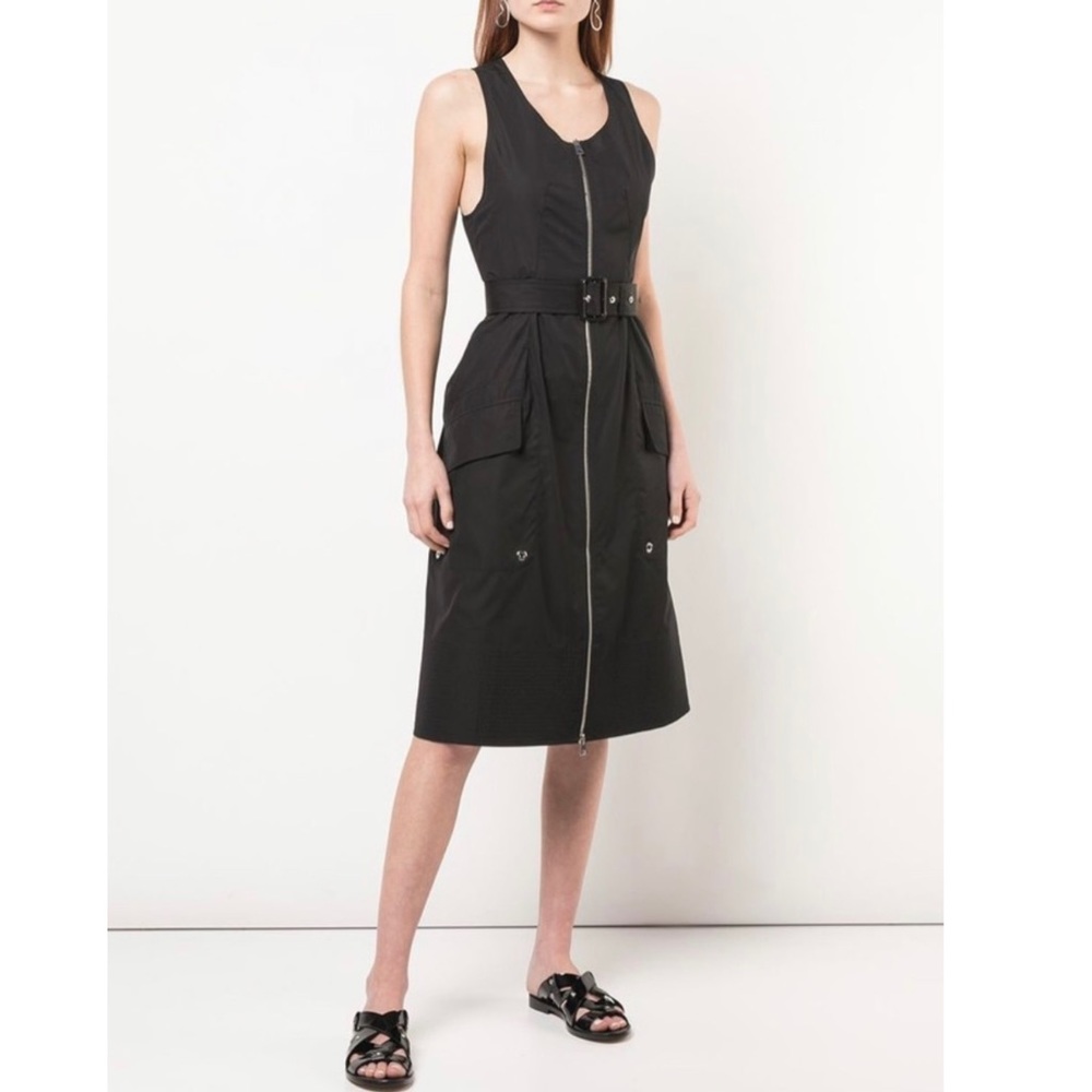 Derek Lam Women's Belted Zip-Front Dress Sleeveless Pockets Black - Like New